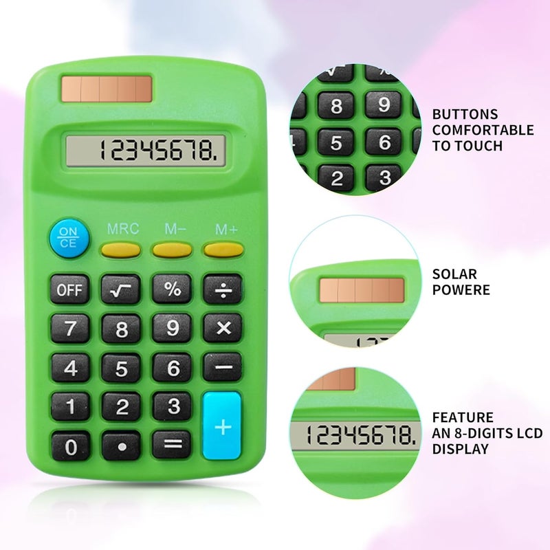 DUFCUSPH 18 Pack Basic Calculators for Students, Pocket Calculator Bulk Classroom Mini Calculators Solar and Battery Dual Powered Handheld Calculator 8 Digit Display for Office School and Home (Colorful) - Image 3